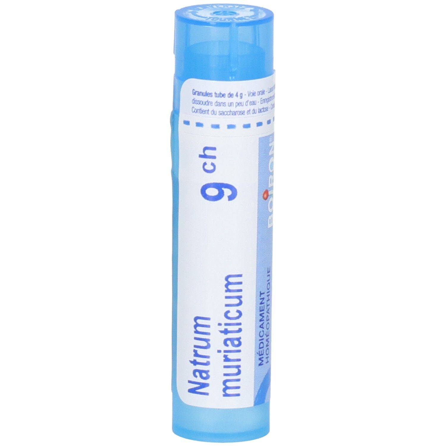 Tube bleu avec étiquette blanche, Natrum muriaticum 9 ch, Boiron, 4g granules.