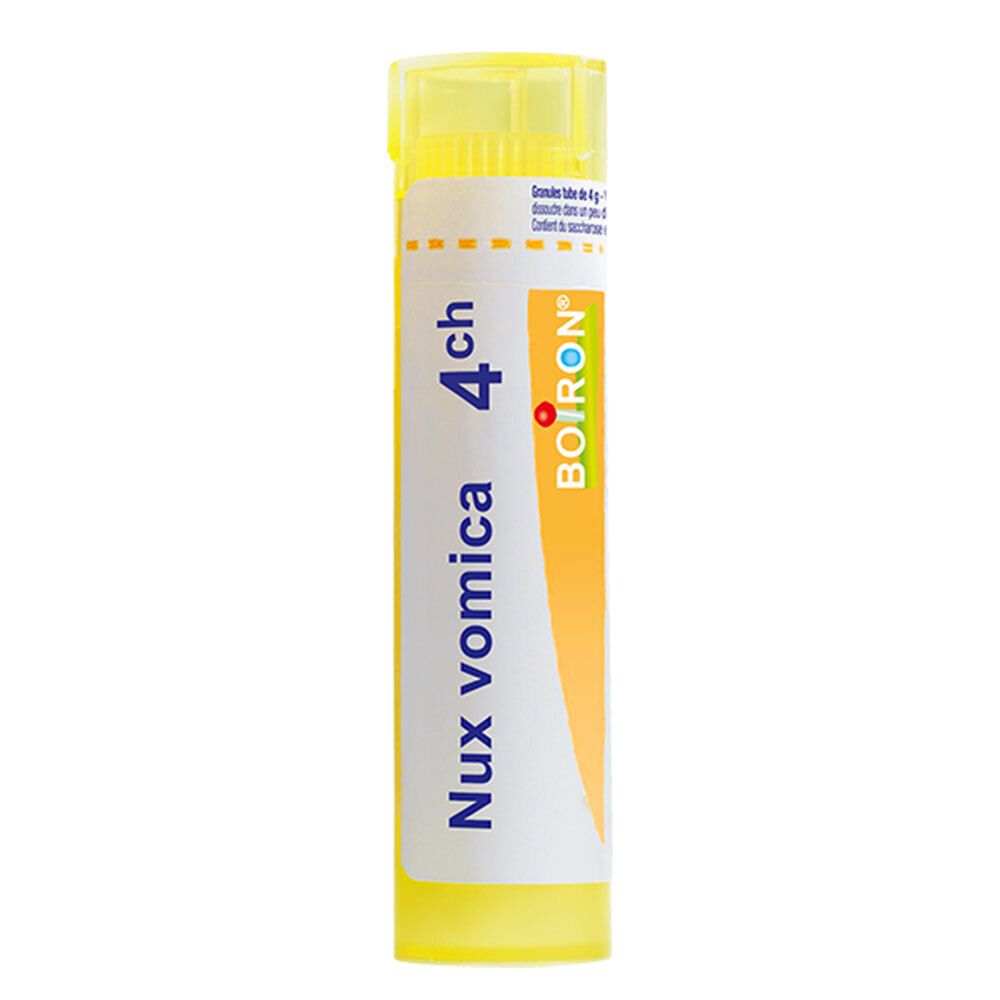 Boiron Nux vomica 4 ch tube granules. Tube jaune avec étiquette blanche.