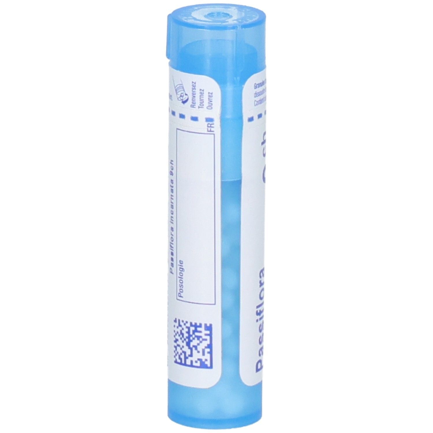 Arrière d'un tube bleu avec granules Passiflora incarnata et code QR.