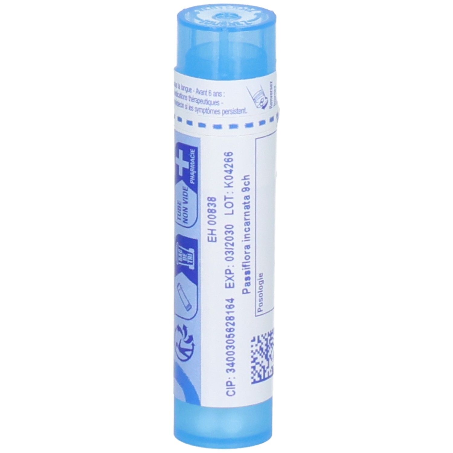 Tube bleu avec granules Passiflora incarnata 9 CH, numéro de lot et date d'expiration.