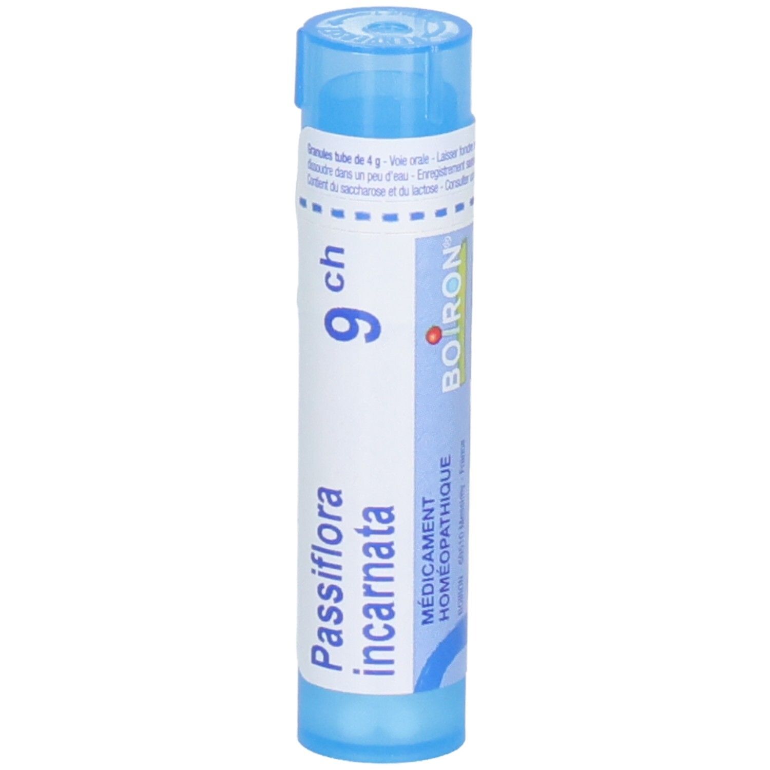 Tube bleu avec granules Passiflora incarnata 9 CH et logo Boiron.