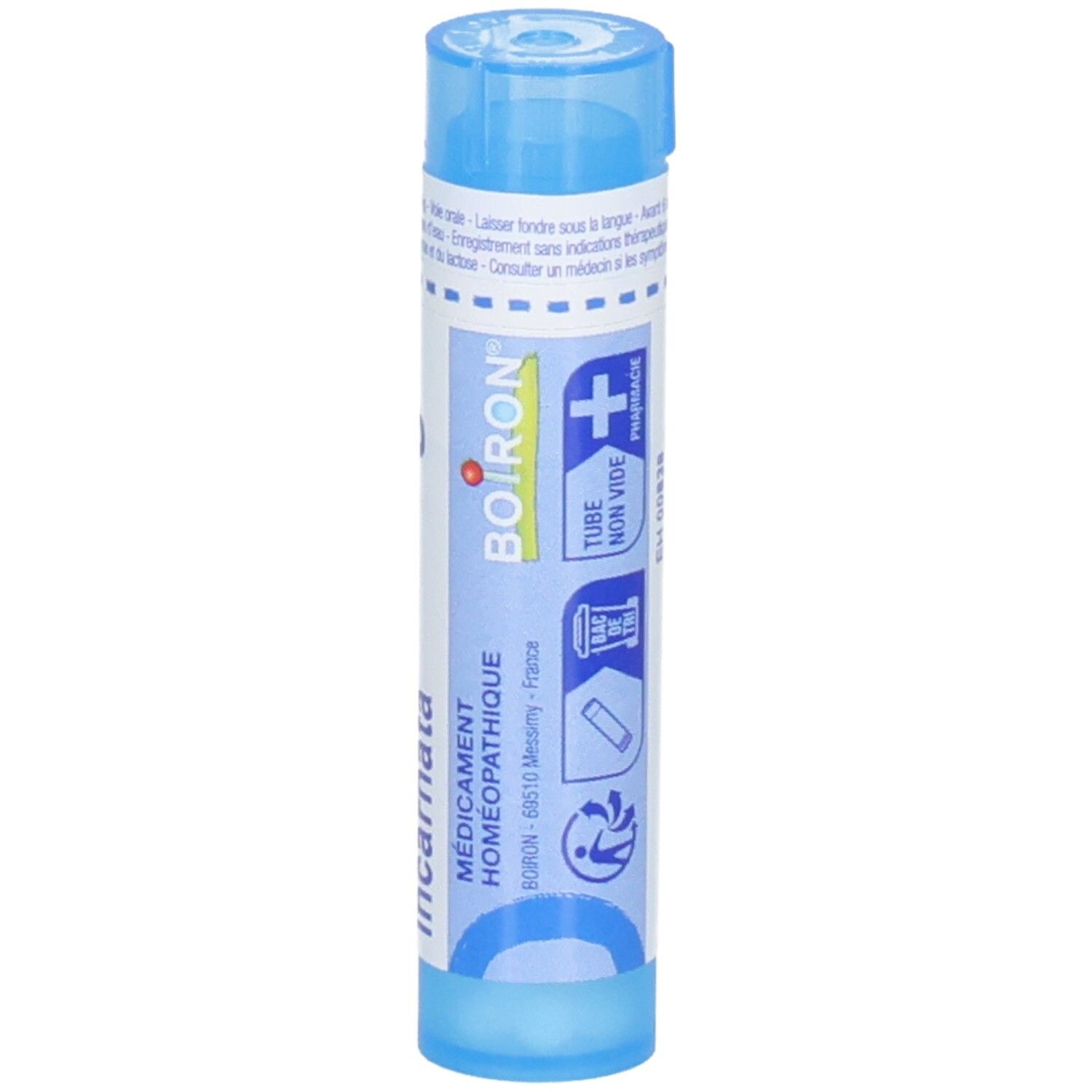 Tube bleu avec granules Passiflora incarnata 9 CH, logo Boiron et symbole homéopathique.