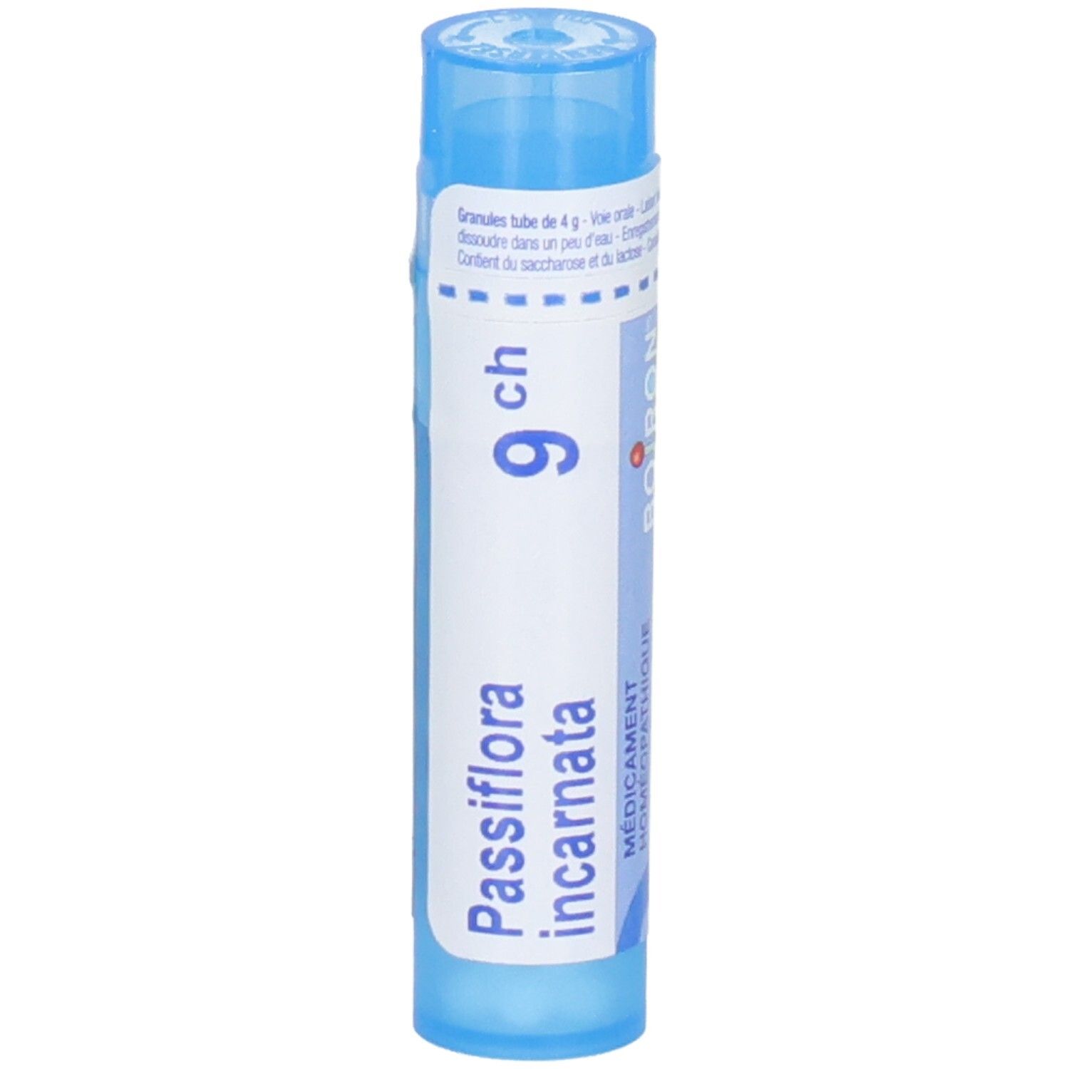 Tube bleu avec granules Passiflora incarnata 9 CH, logo Boiron et texte.