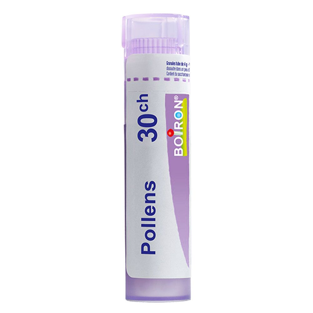 Tube de granules Boiron Pollens 30 ch avec bouchon et étiquette violets.