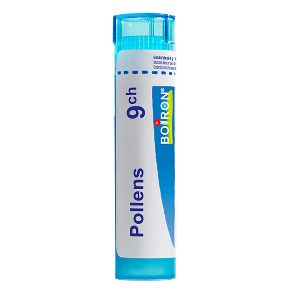 Tube de granules Boiron Pollens 9 ch. Tube bleu en plastique avec étiquette blanche.