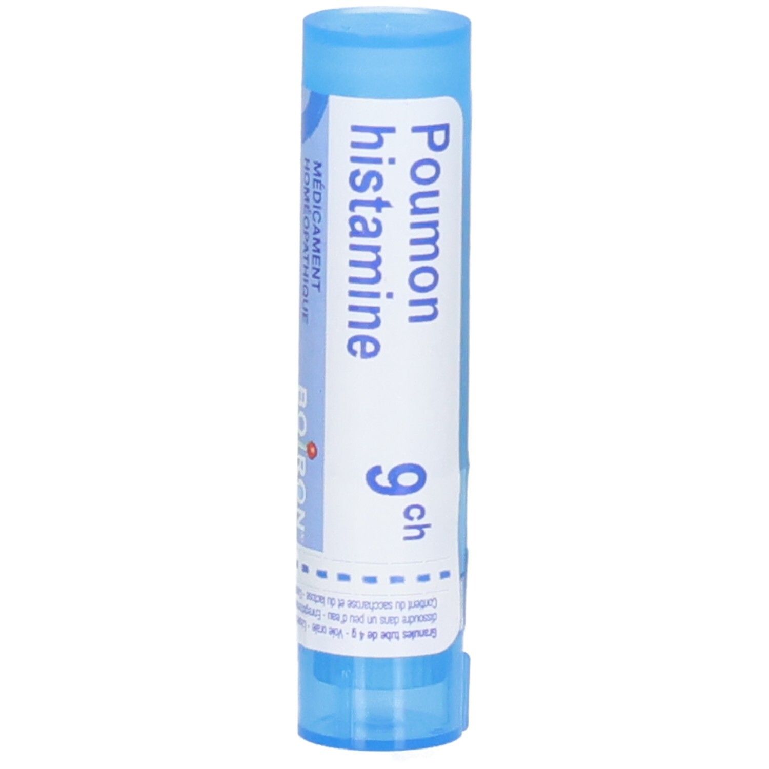 Tube cylindrique bleu avec étiquette blanche. Inscription : Poumon histamine 9 ch. Marque Boiron.