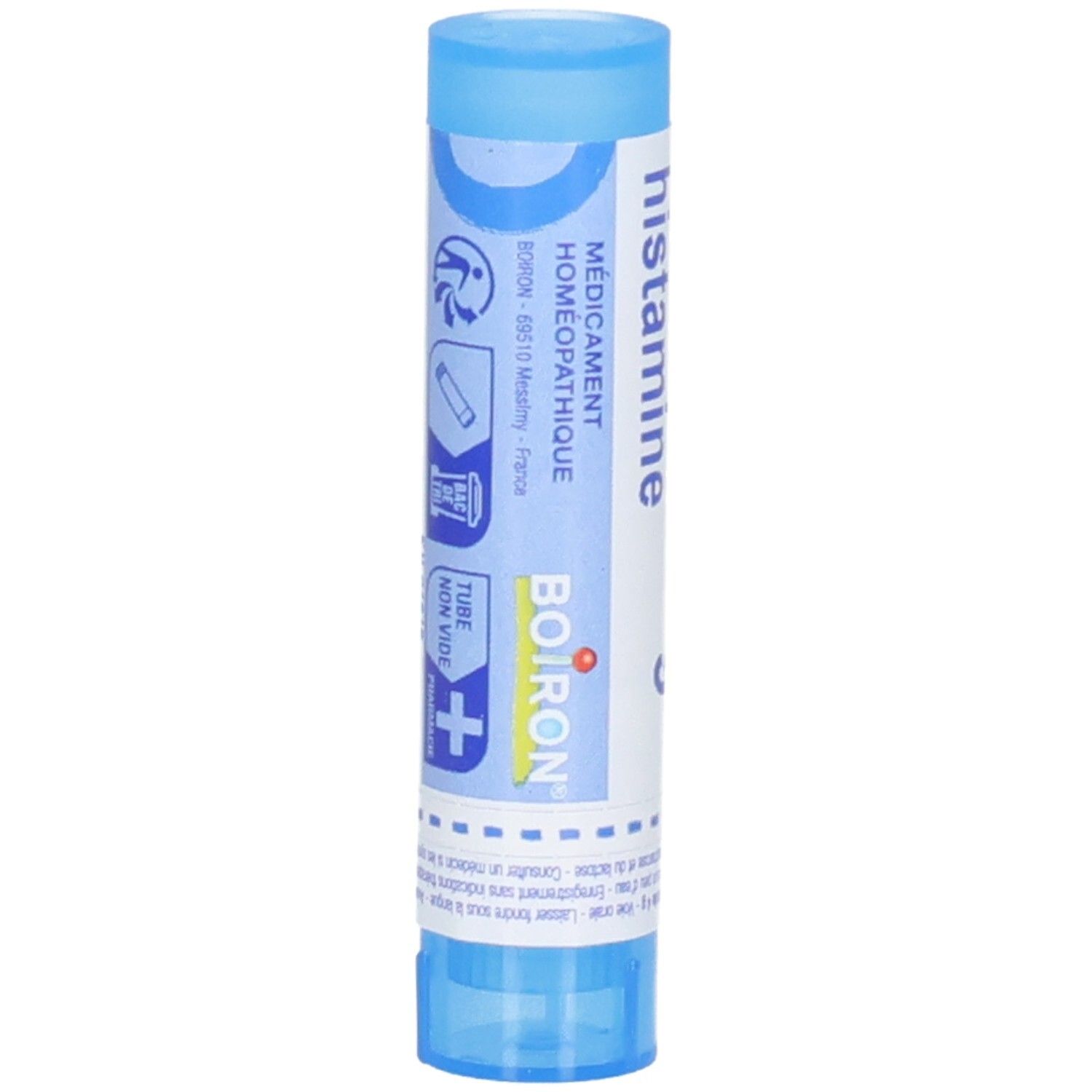 Tube cylindrique bleu avec étiquette blanche. Inscription : Boiron, Médicament homéopathique. Tube non vide.