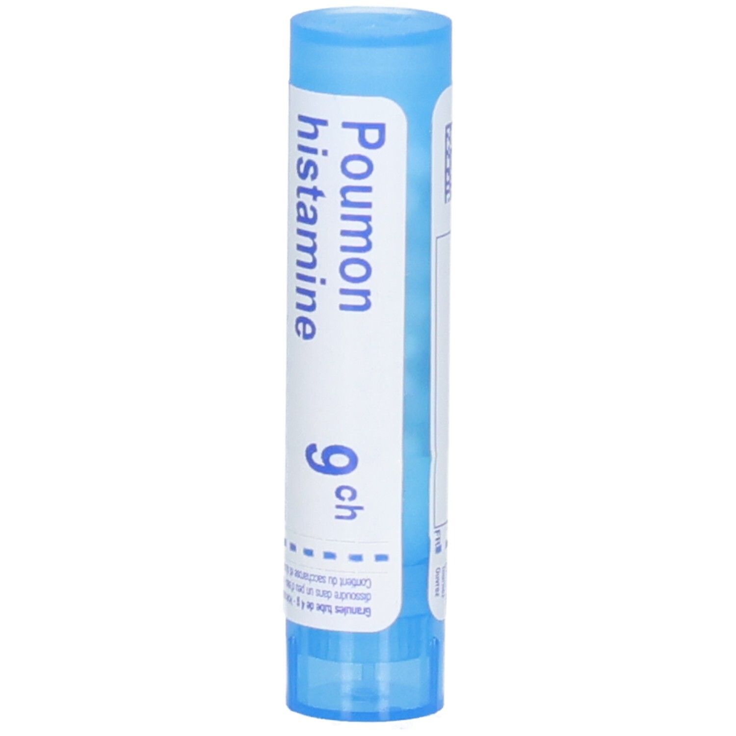Tube cylindrique bleu avec étiquette blanche. Inscription : Poumon histamine 9 ch. Marque Boiron.