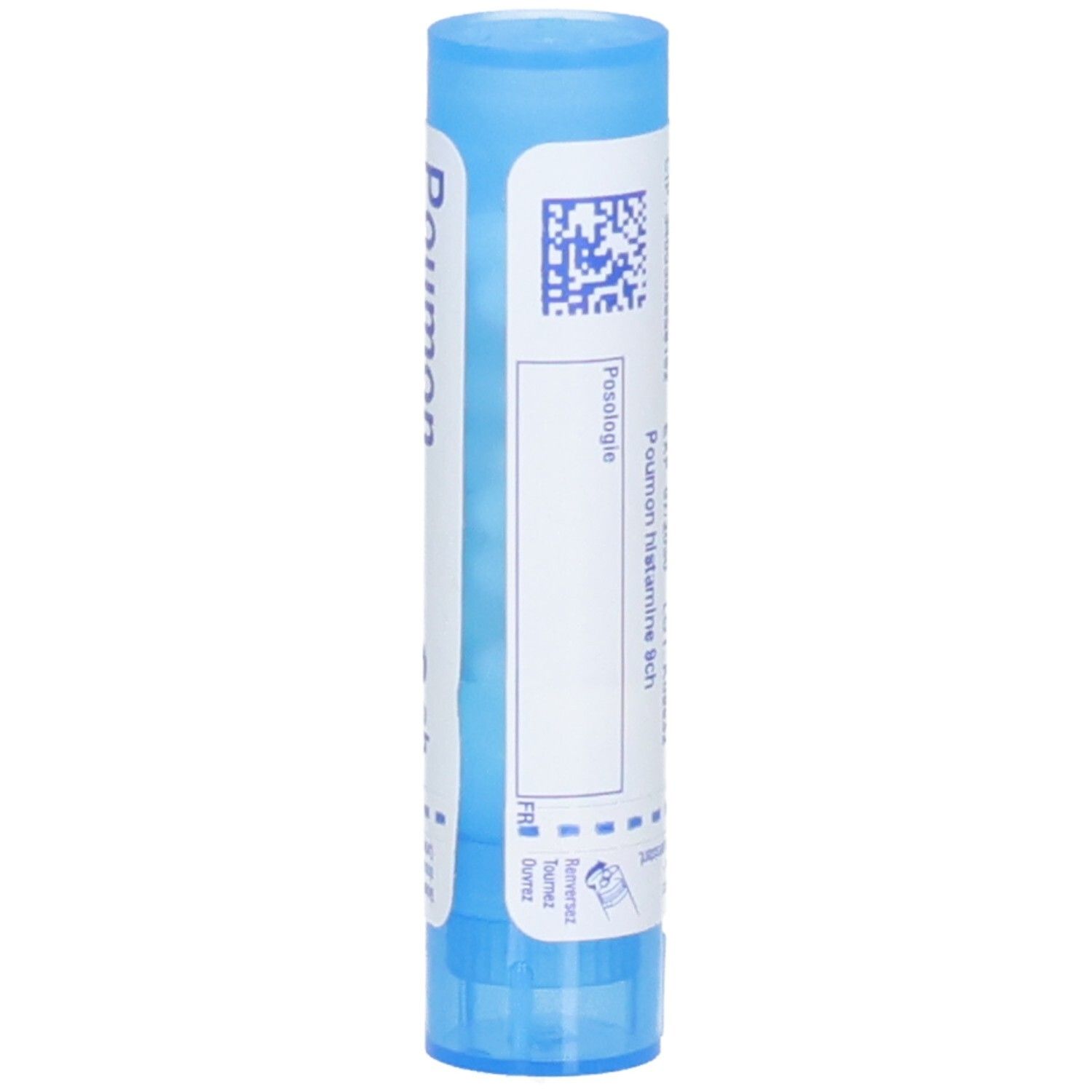 Tube cylindrique bleu avec étiquette blanche. Inscription : Poumon histamine 9 ch. Posologie.
