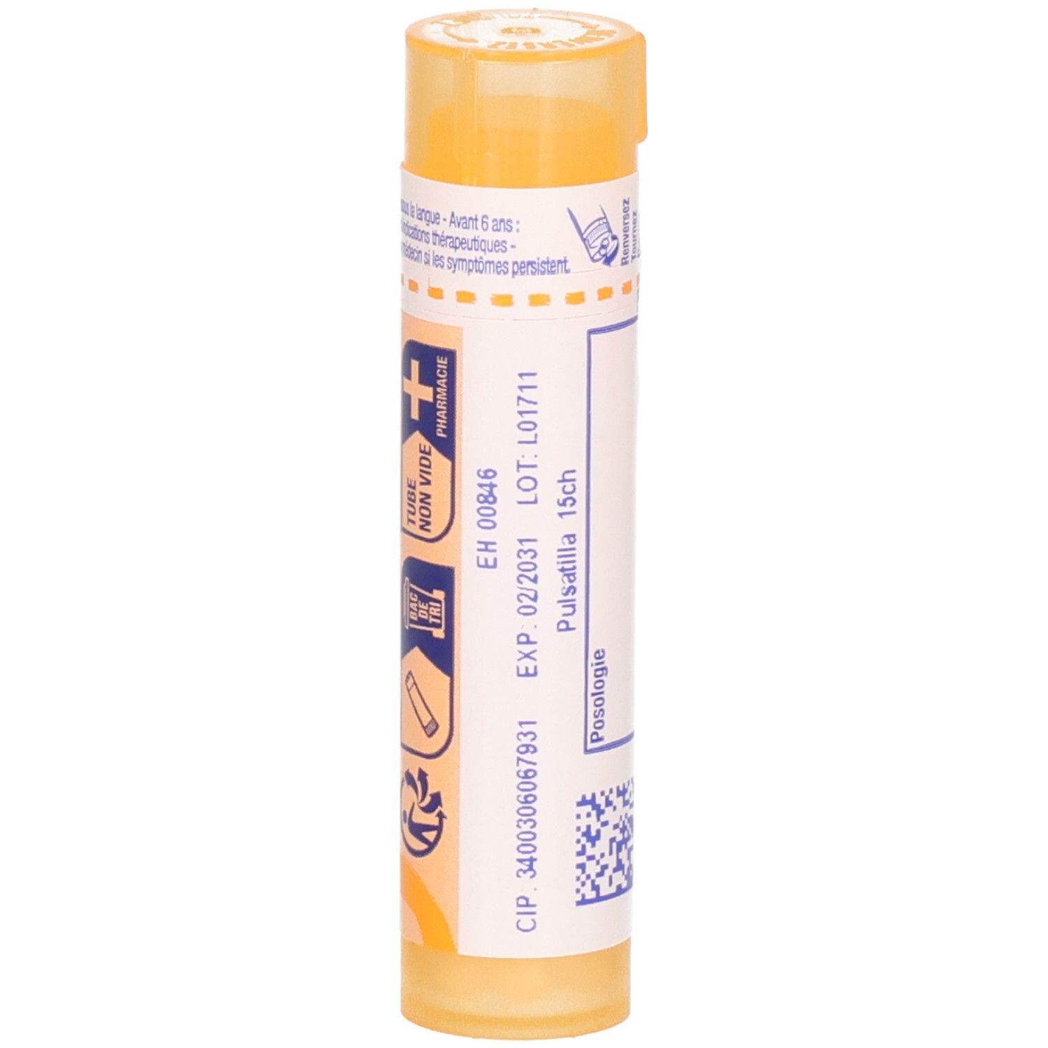 Boiron Pulsatilla 15 ch, face avant du tube de granules avec détails.