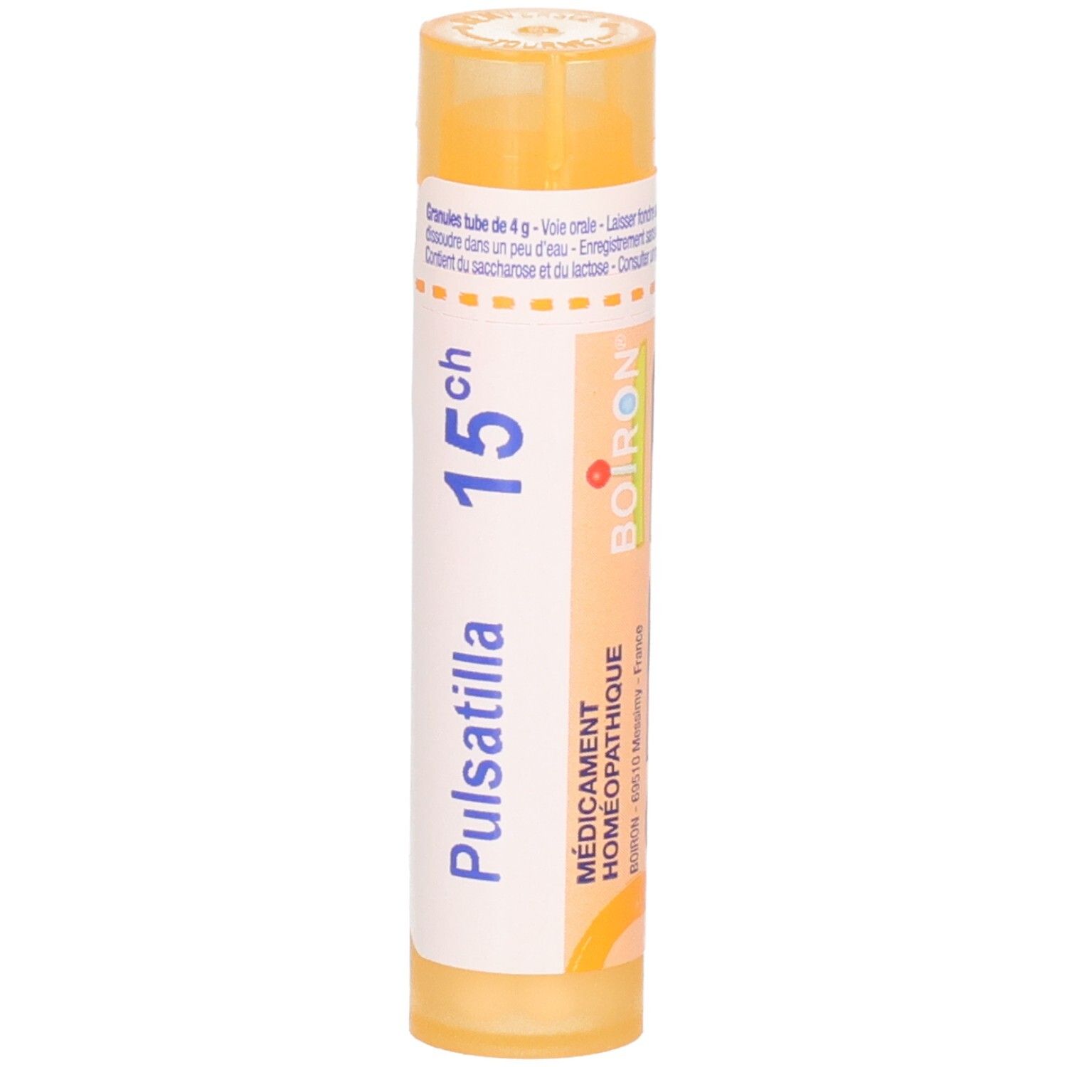Tube de granules Boiron Pulsatilla 15 ch, 4g, avec logo Boiron.