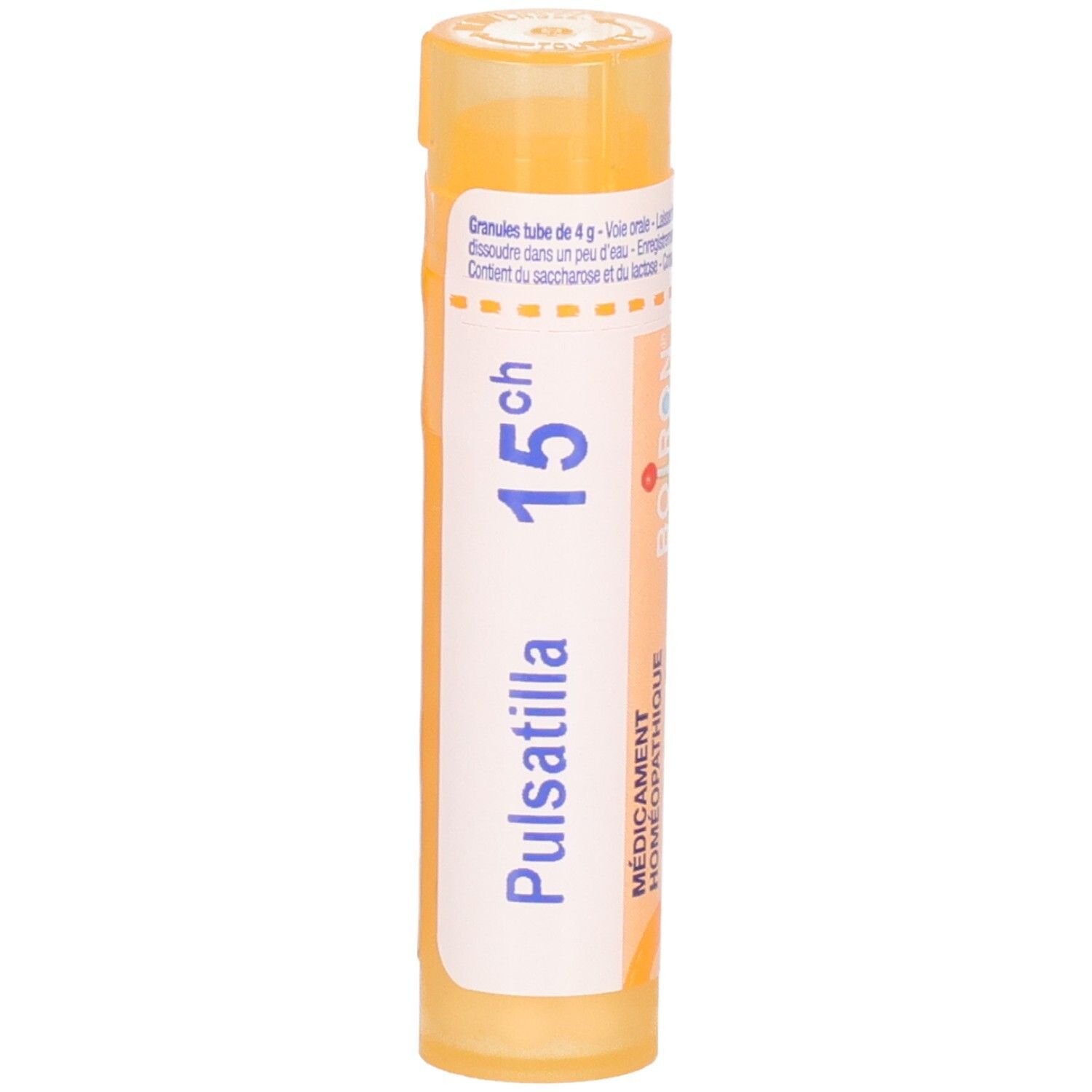 Tube de granules Boiron Pulsatilla 15 ch, 4g, gros plan.