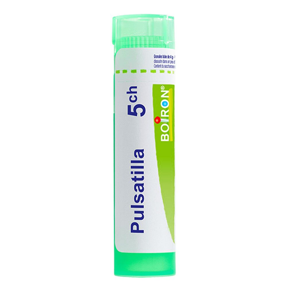Tube vert avec inscription Boiron Pulsatilla 5 ch.