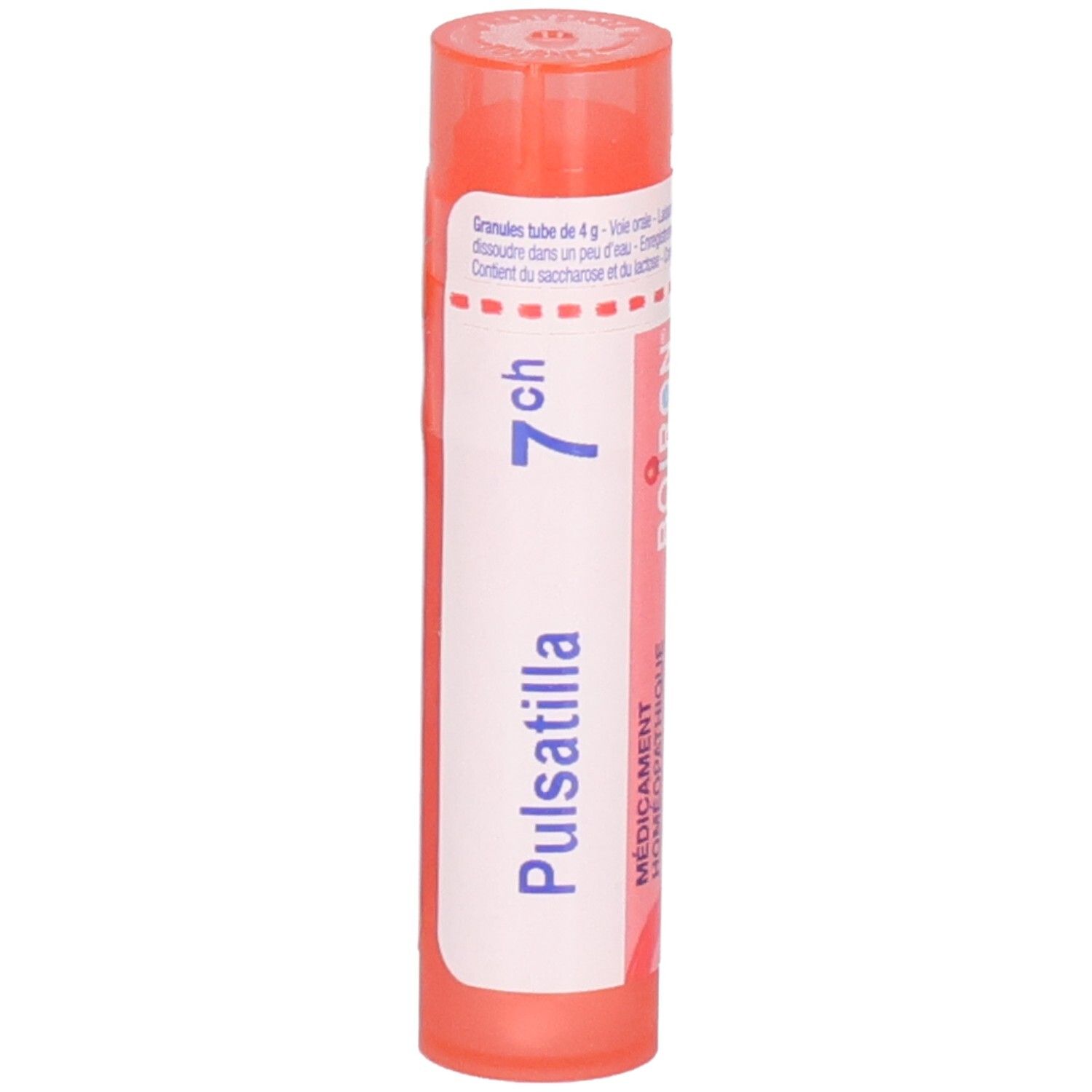 Tube de granules Pulsatilla 7CH. Tube plastique rouge avec étiquette.