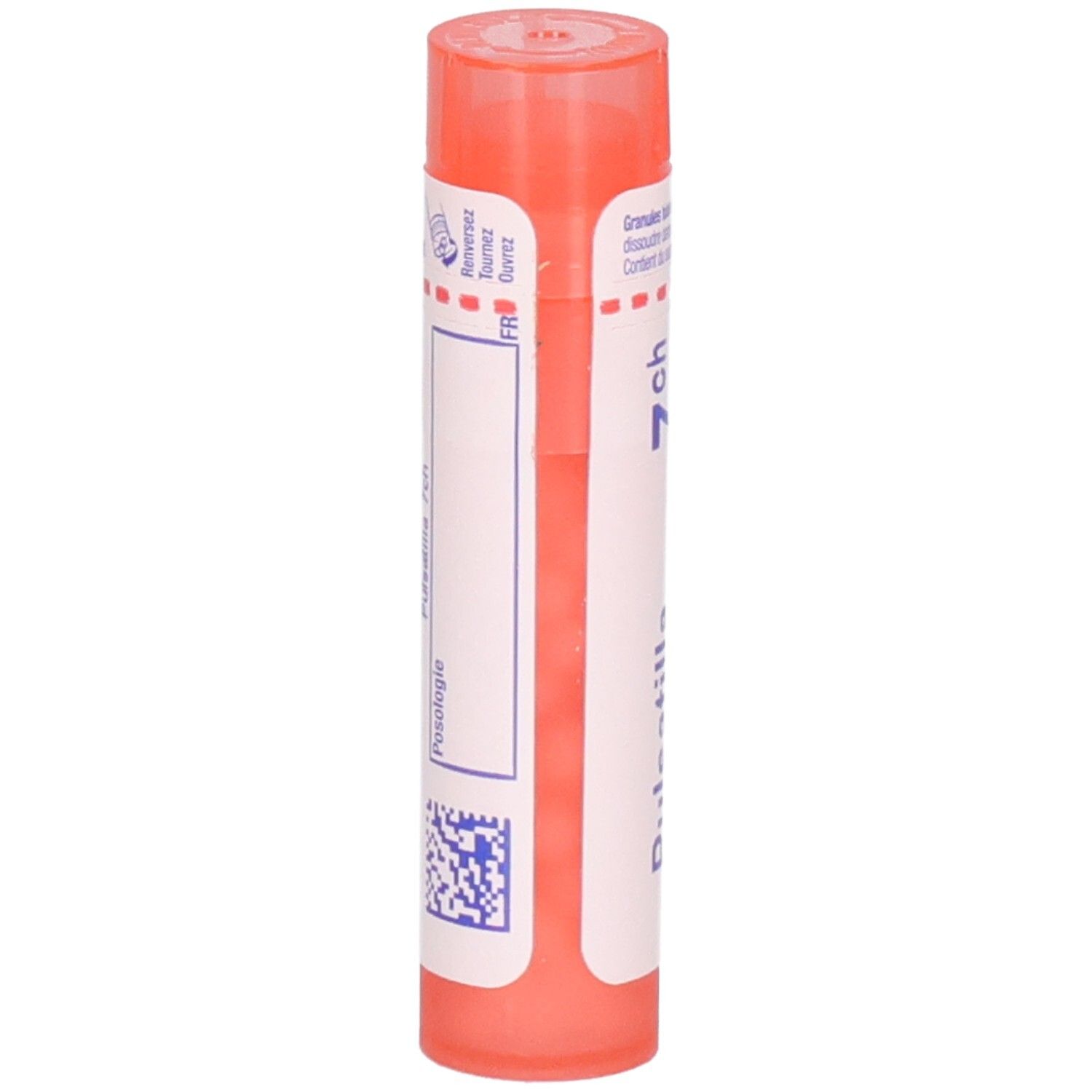 Tube de granules Pulsatilla 7CH. Tube plastique rouge avec étiquette et code QR.