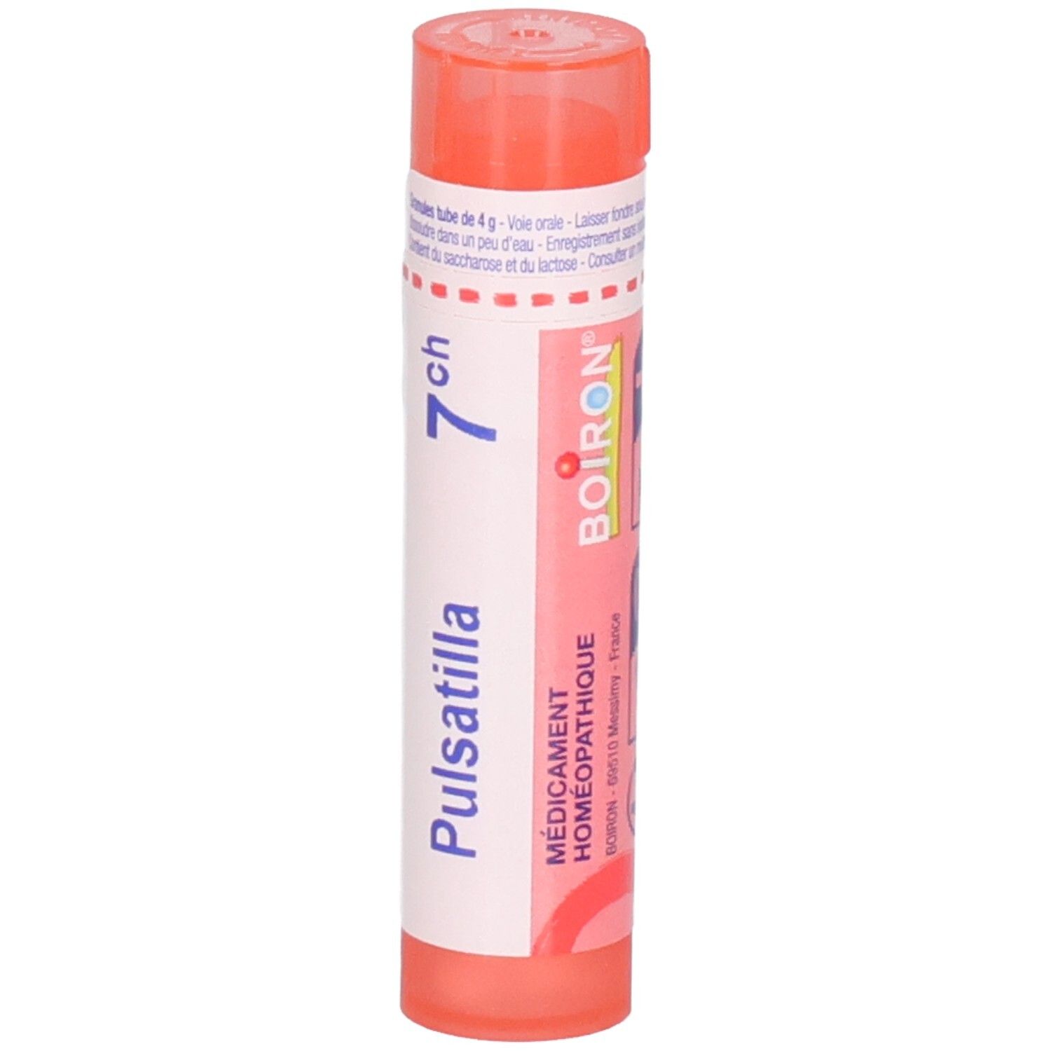 Tube de granules Pulsatilla 7CH. Tube plastique rouge avec étiquette et logo Boiron.
