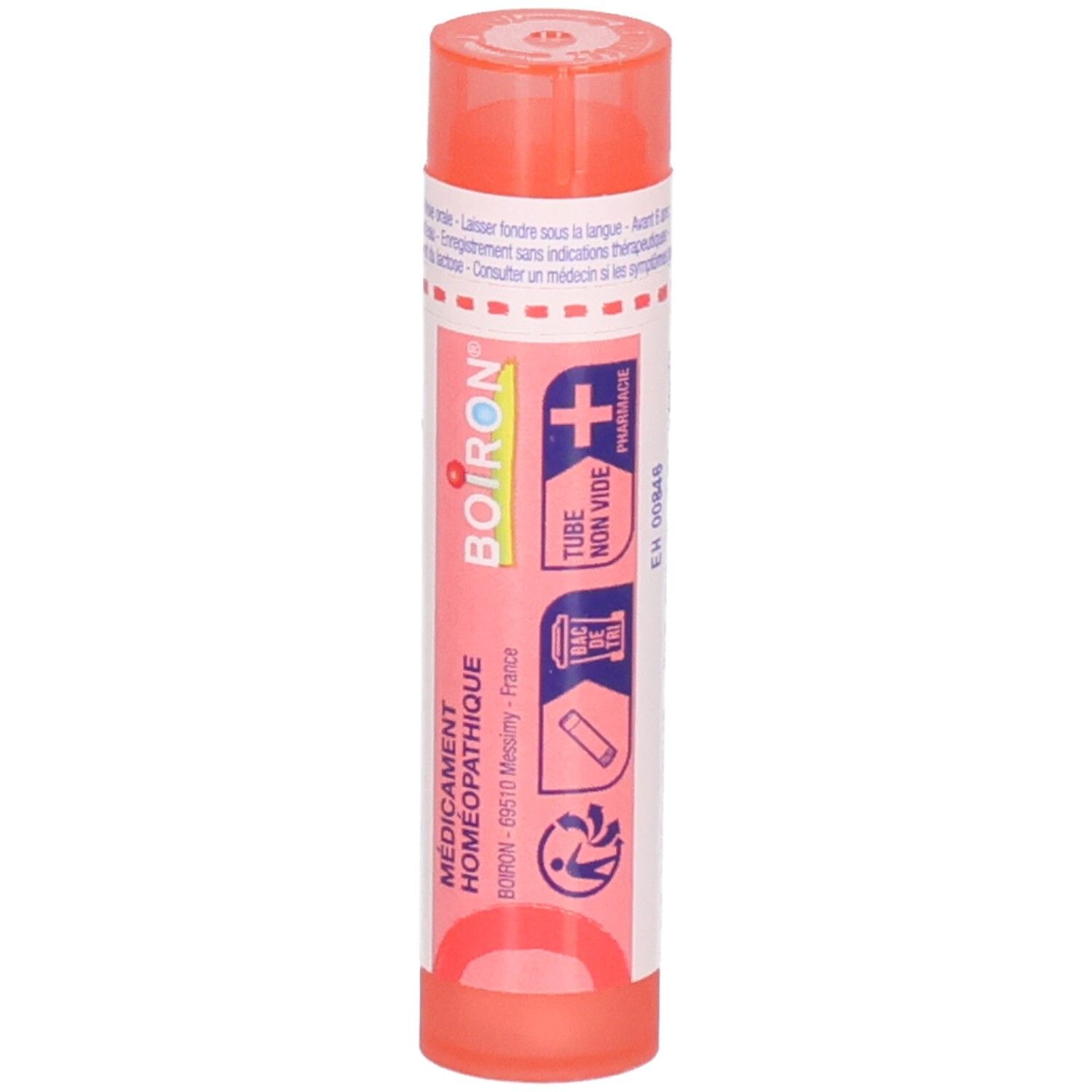 Tube de granules Pulsatilla 7CH. Tube plastique rouge avec étiquette, logo Boiron et symboles d'application.