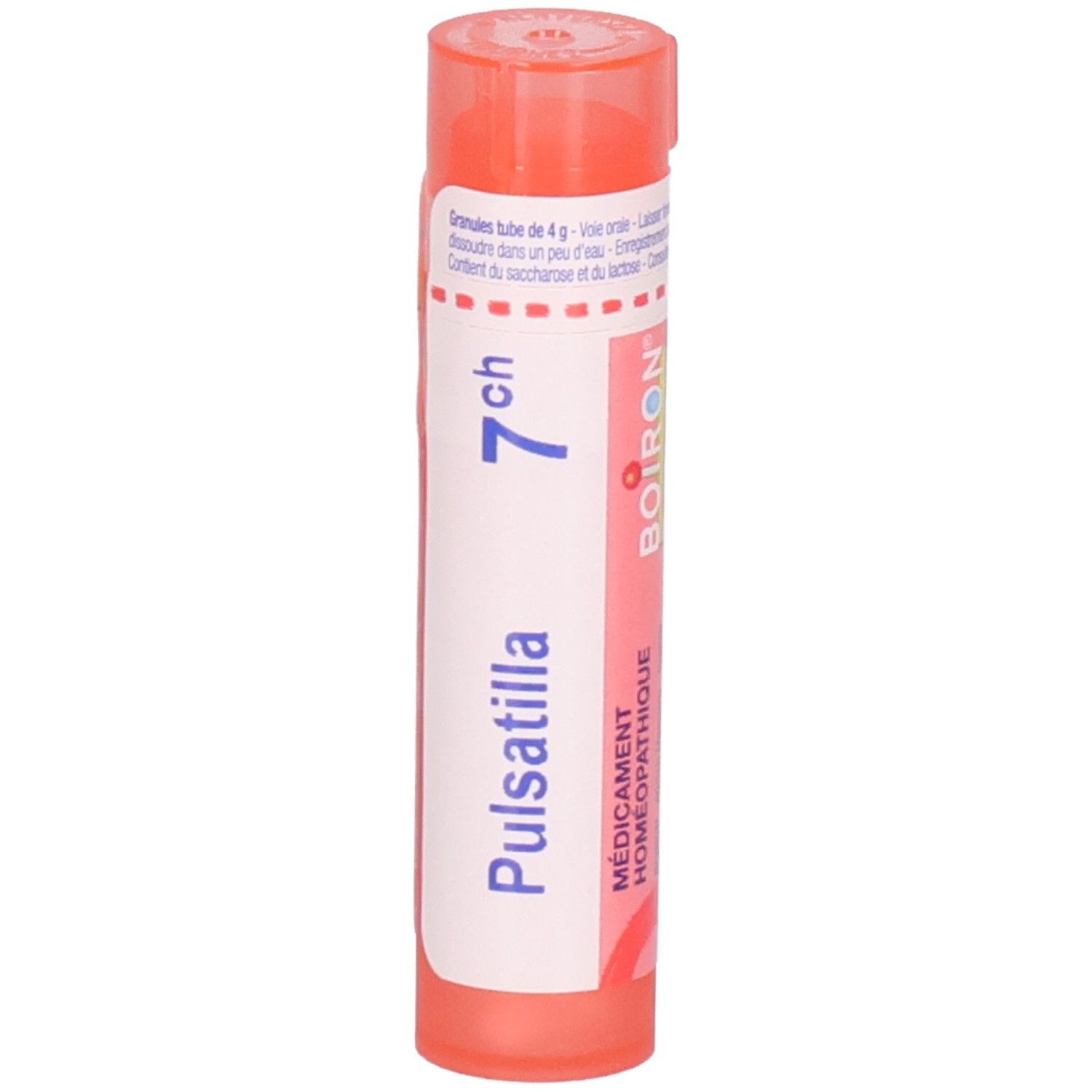 Tube de granules Pulsatilla 7CH. Tube plastique rouge avec étiquette et logo Boiron.