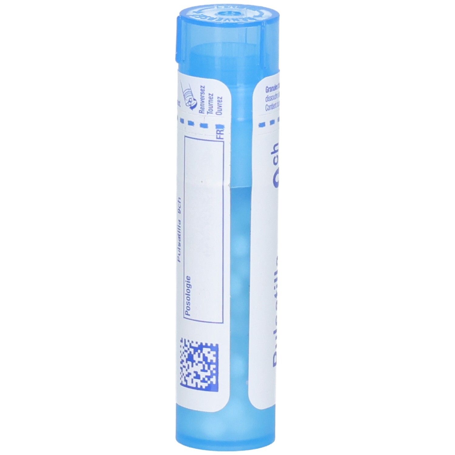 Arrière d'un tube bleu avec granules, Pulsatilla 9 ch.