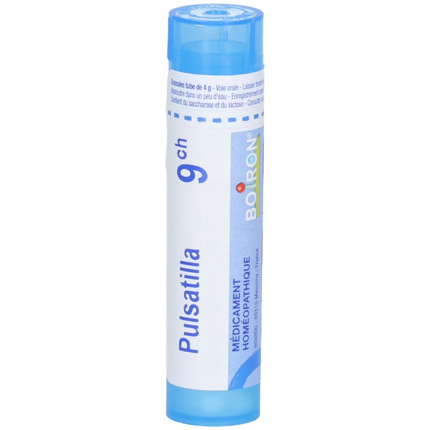 Tube bleu avec granules, Pulsatilla 9 ch, Boiron.