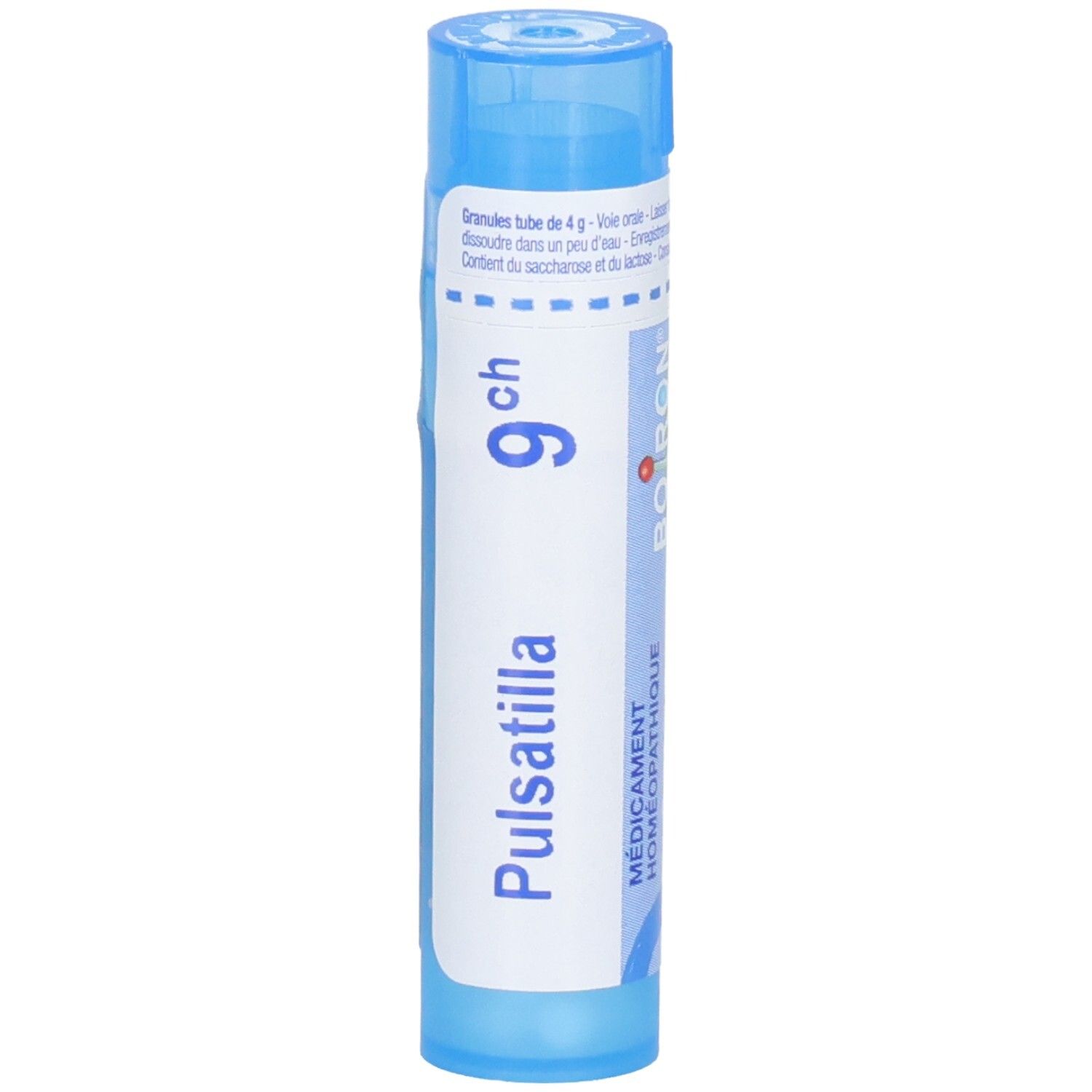 Tube bleu avec granules, Pulsatilla 9 ch, Boiron.