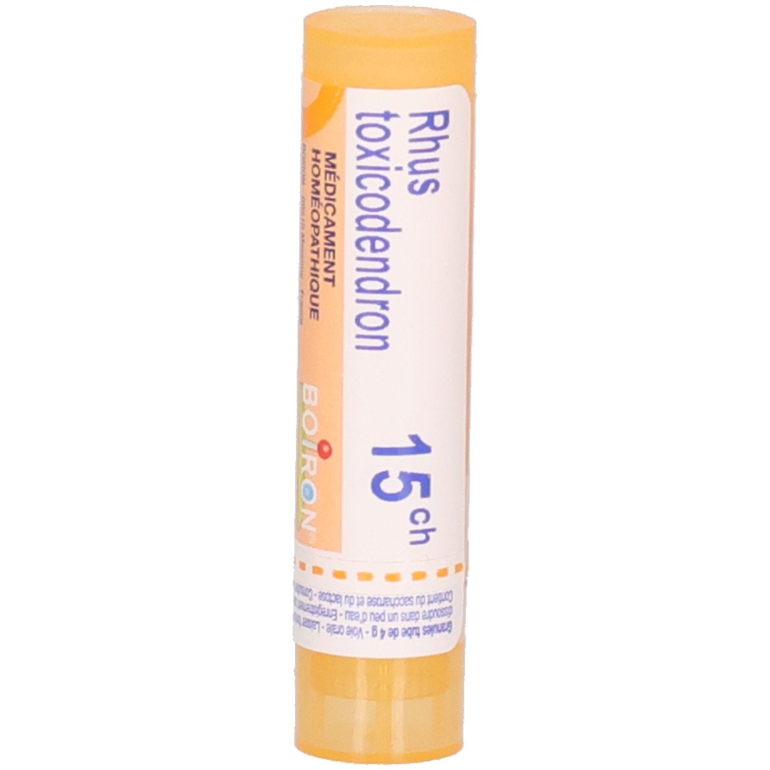 Tube cylindrique jaune. Inscription: Rhus toxicodendron 15 ch. Marque Boiron. Médicament homéopathique.