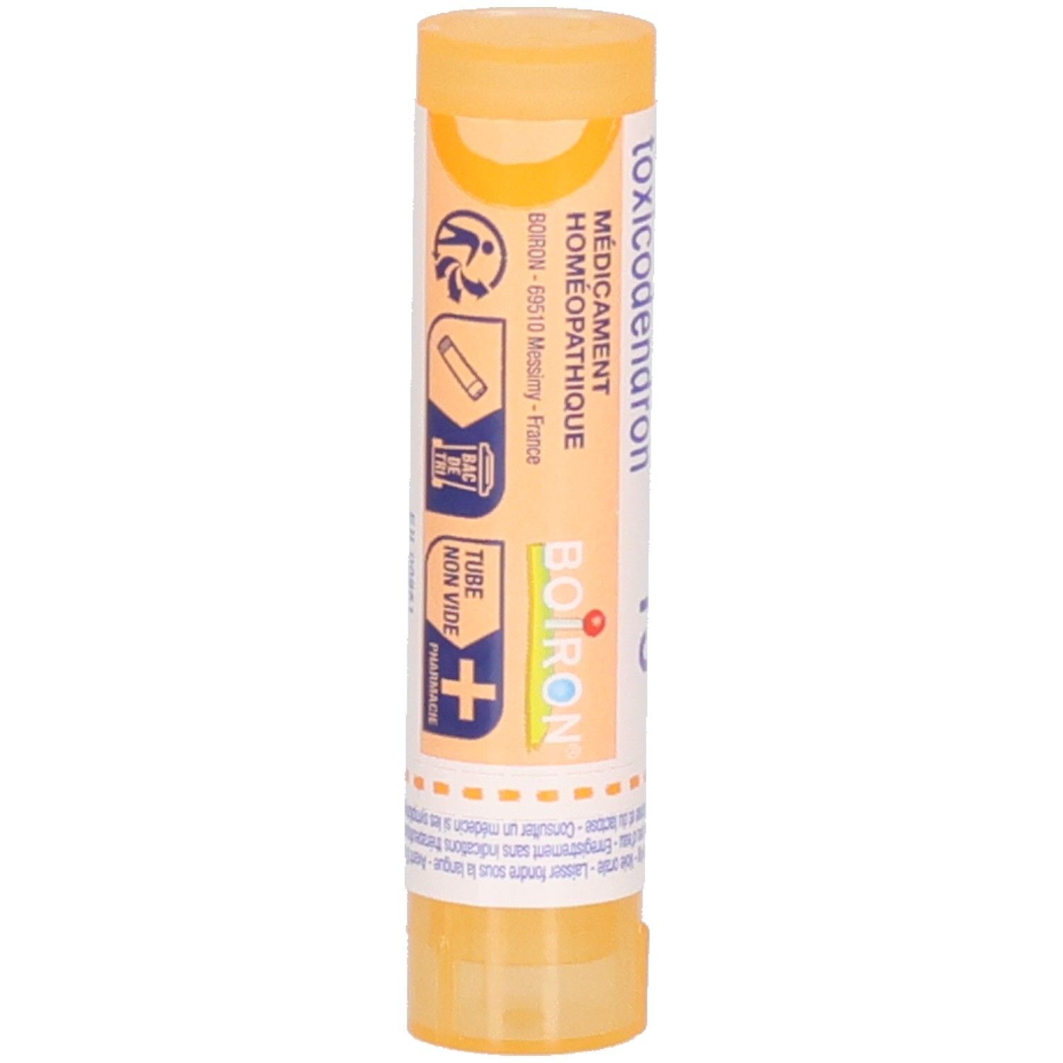 Tube cylindrique jaune. Inscription: Rhus toxicodendron 15 ch. Médicament homéopathique. Divers symboles et texte.