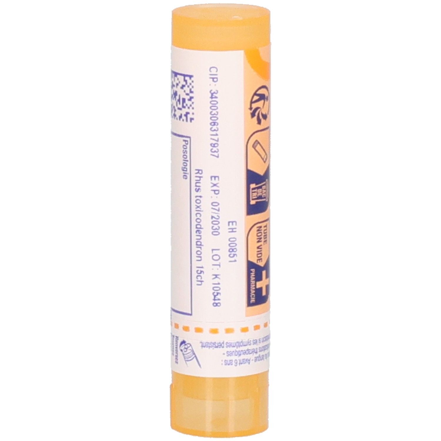 Tube cylindrique jaune. Inscription: Rhus toxicodendron 15 ch. Numéro de lot, date de péremption. Médicament.