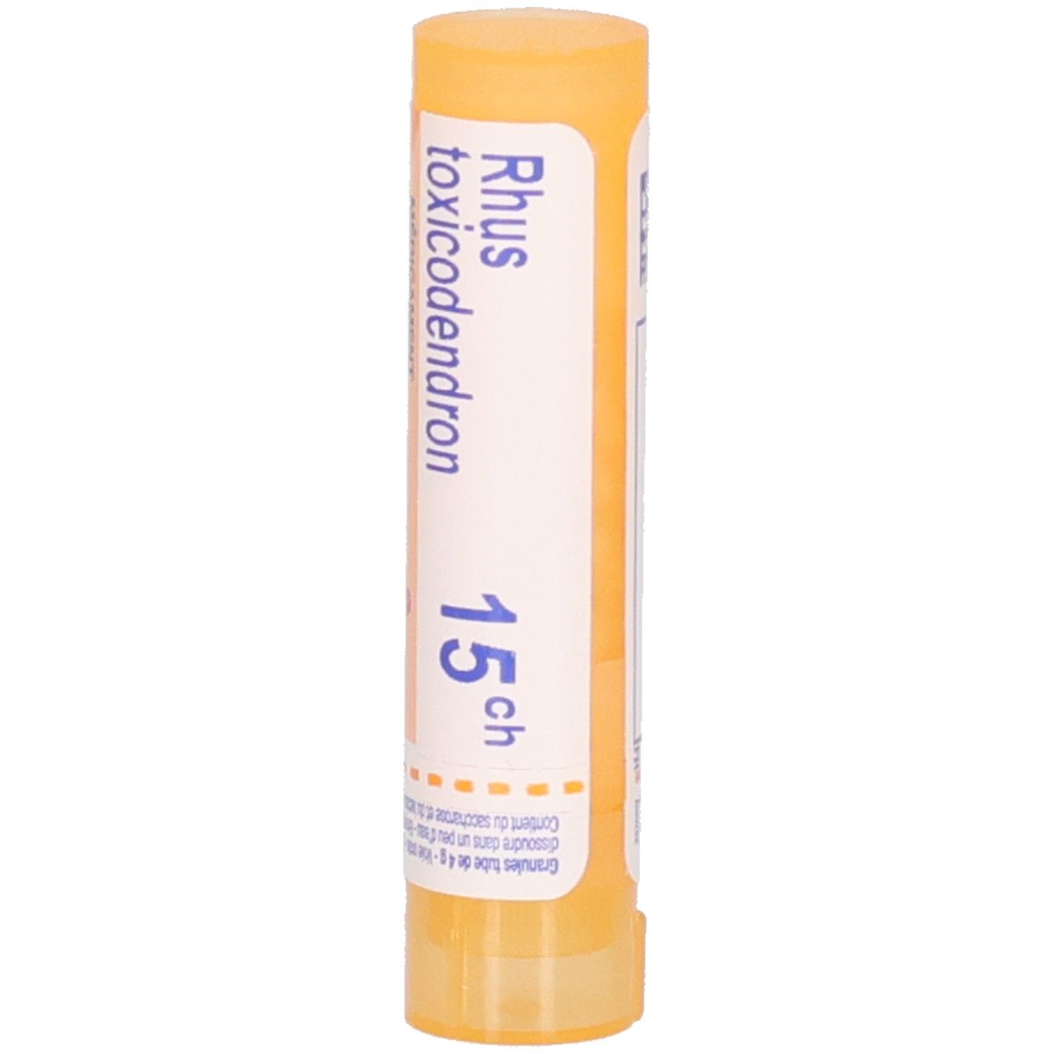 Tube cylindrique jaune. Inscription: Rhus toxicodendron 15 ch. Médicament homéopathique.