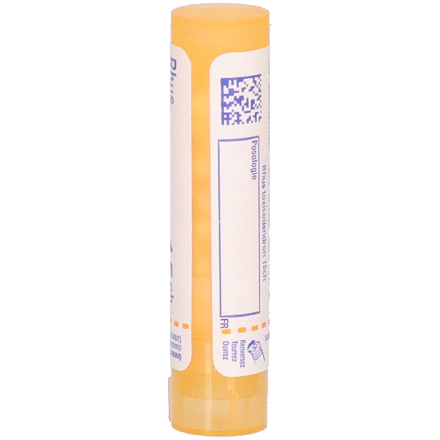 Tube cylindrique jaune. Inscription: Rhus toxicodendron 15 ch. Médicament homéopathique. Code QR.