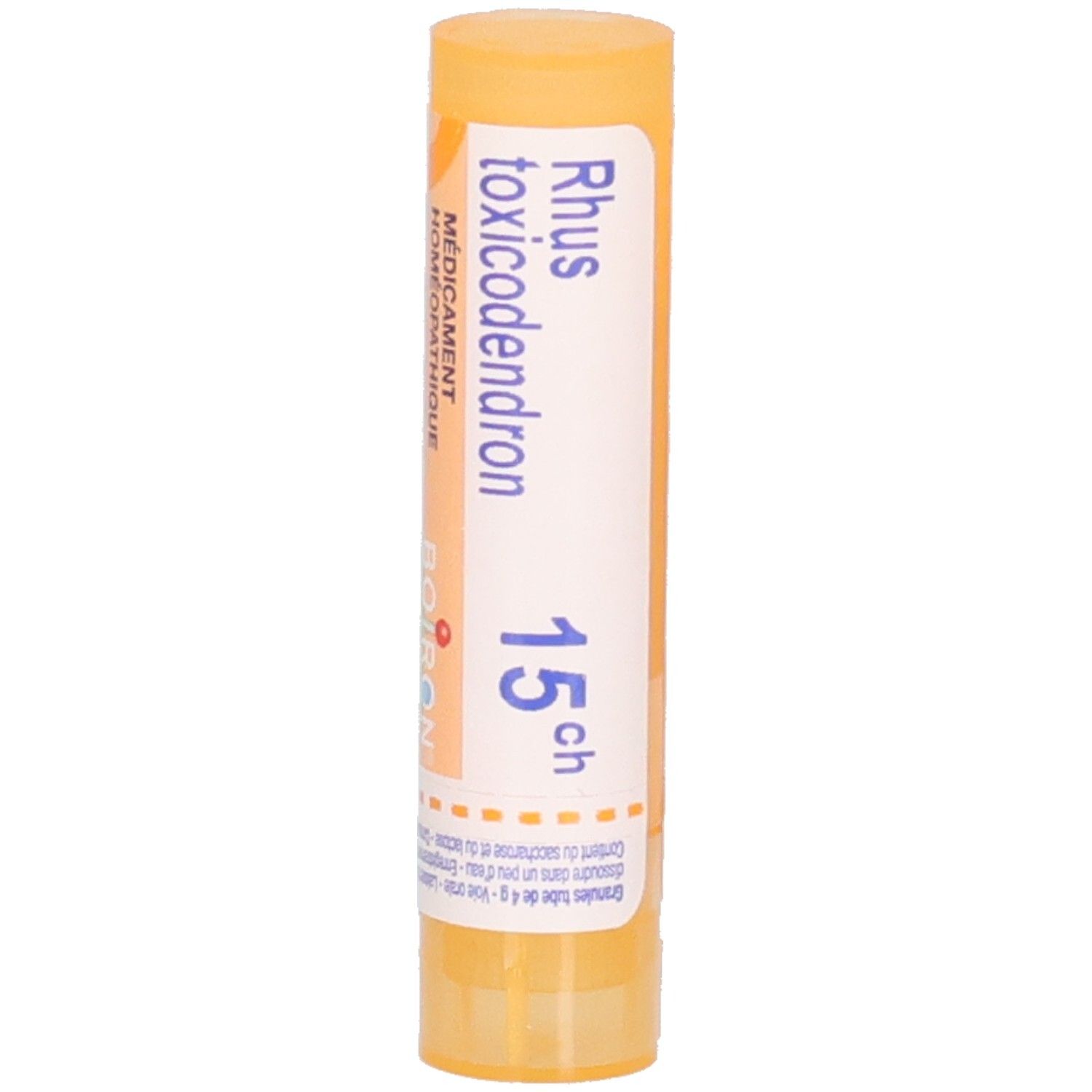 Tube cylindrique jaune. Inscription: Rhus toxicodendron 15 ch. Marque Boiron. Médicament homéopathique.