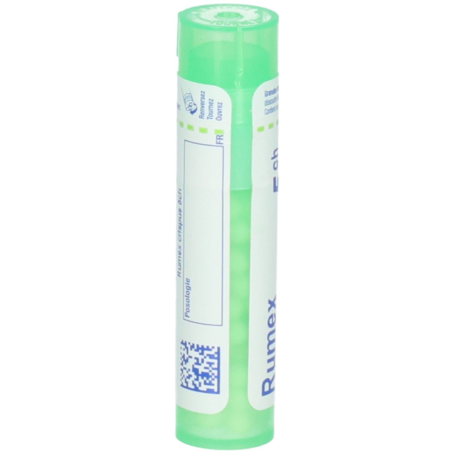 Tube vert avec étiquette: Rumex crispus, Posologie, QR-code.