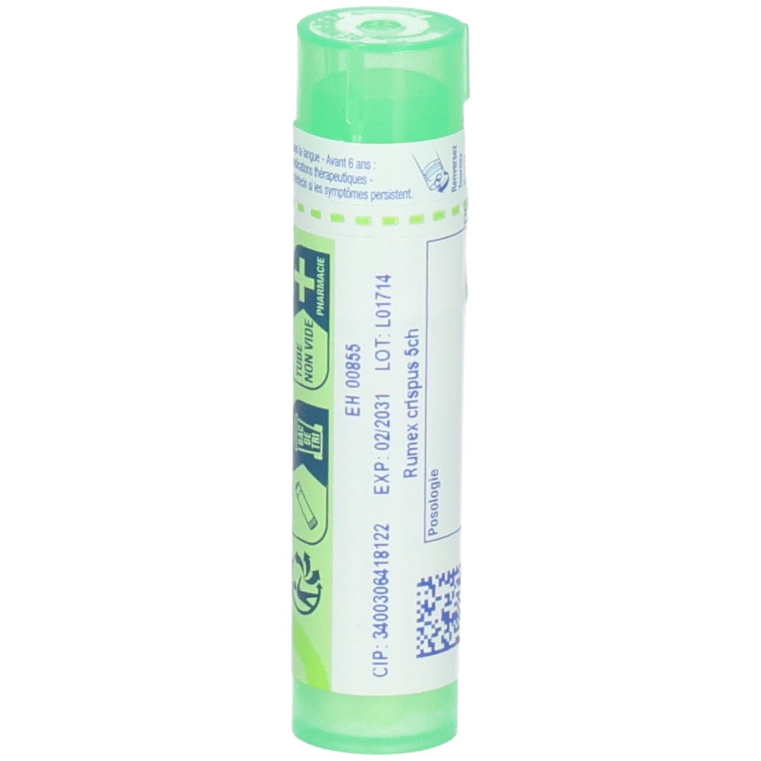 Tube vert avec étiquette: EH 00855, EXP 02/2031, Rumex crispus 5ch.