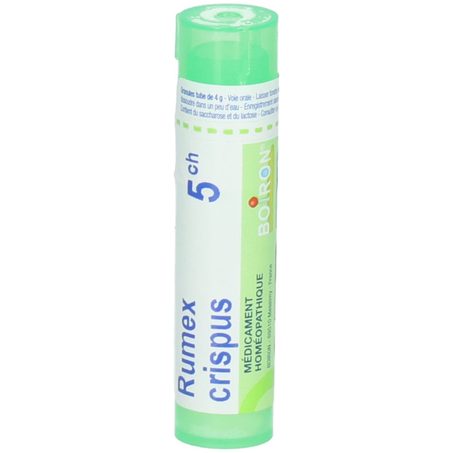 Tube vert avec étiquette: Boiron, Médicament Homéopathique, Rumex crispus 5ch.