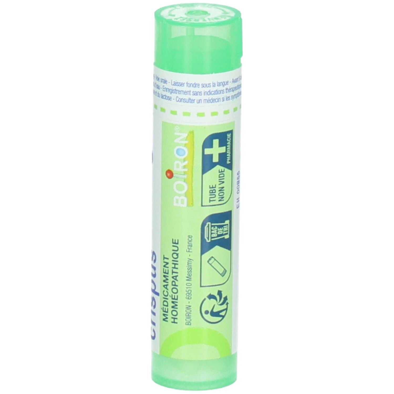 Tube vert avec étiquette: Boiron, Tube Non Vide, Médicament Homéopathique.