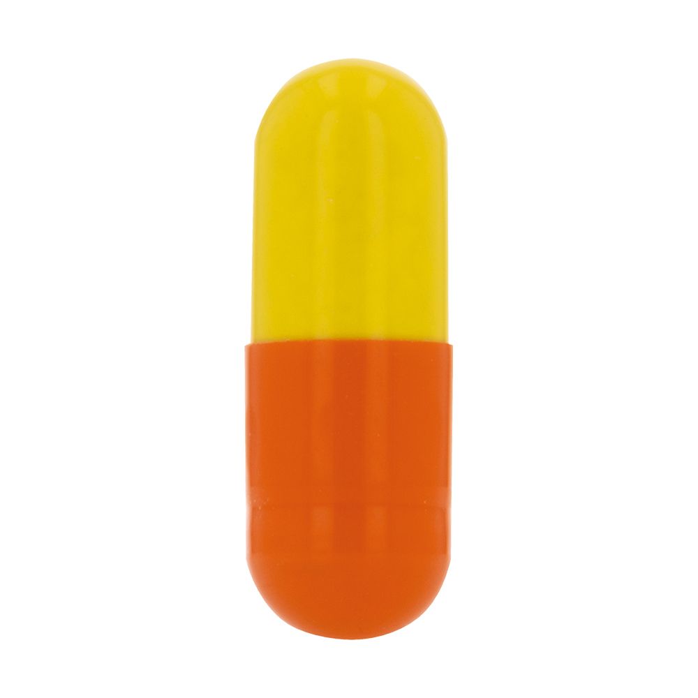 Gélule unique jaune-orangé. Gélule bicolore avec tête jaune et corps orange.