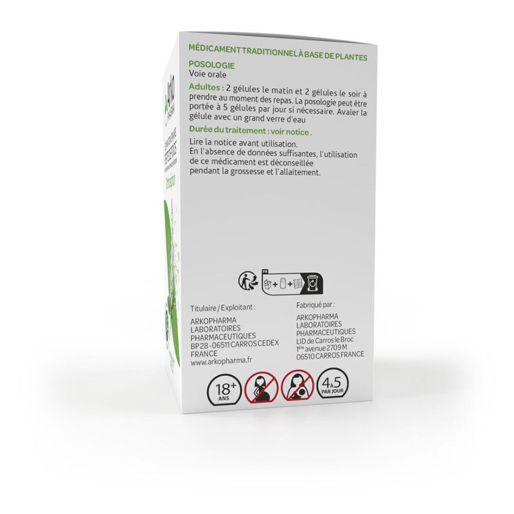 Dos de la boîte Arkogélules Orthosiphon. Texte sur la posologie et les avertissements. Mention 18+.