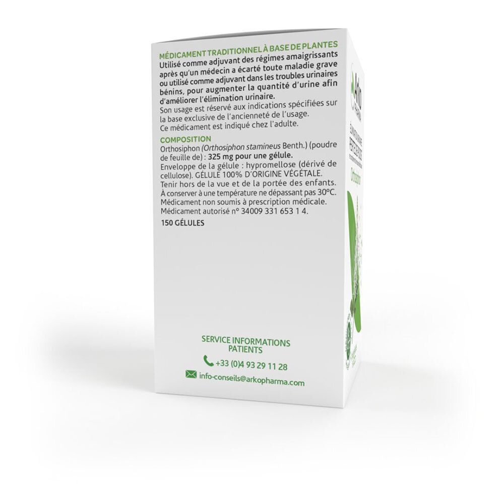 Dos de la boîte Arkogélules Orthosiphon. Texte sur les ingrédients et informations pour les patients.