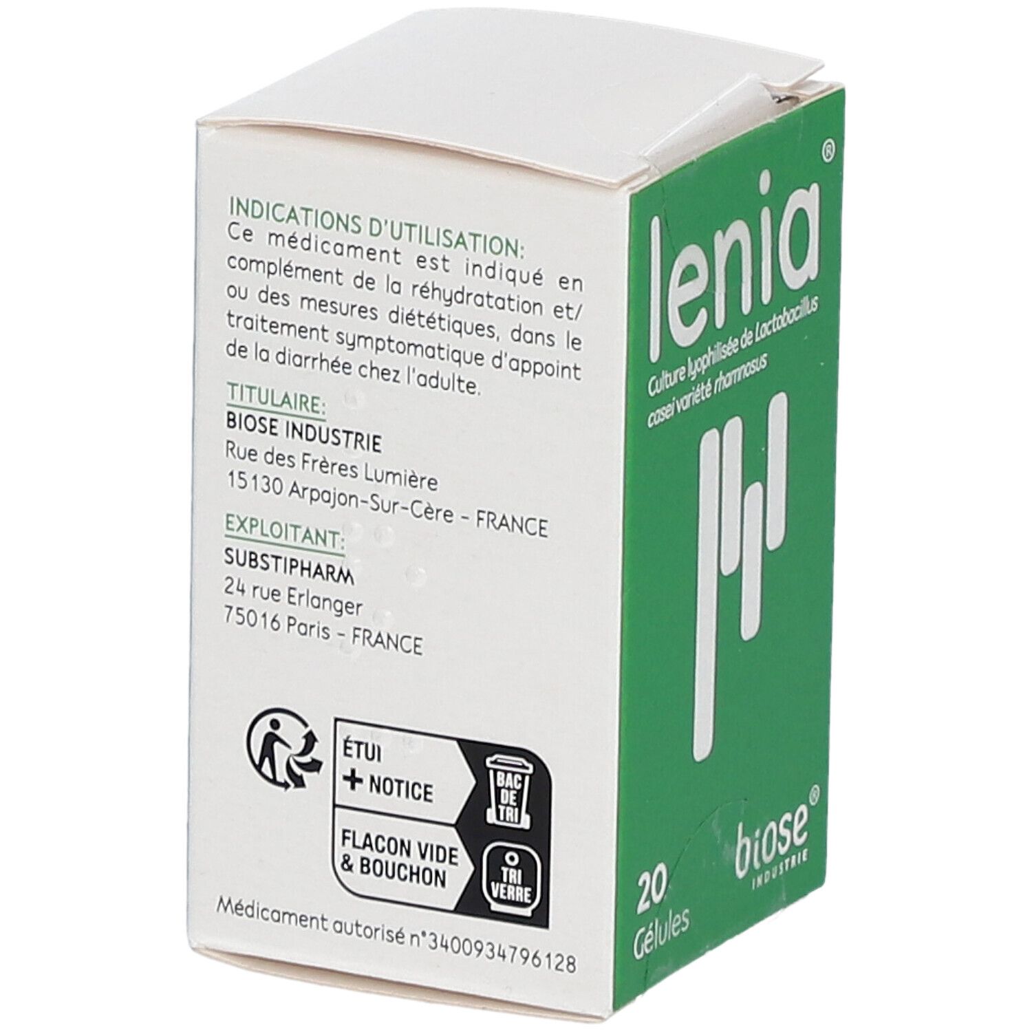 Dos de la boîte "lenia". Texte sur l'utilisation et le fabricant. Logo et 20 gélules.