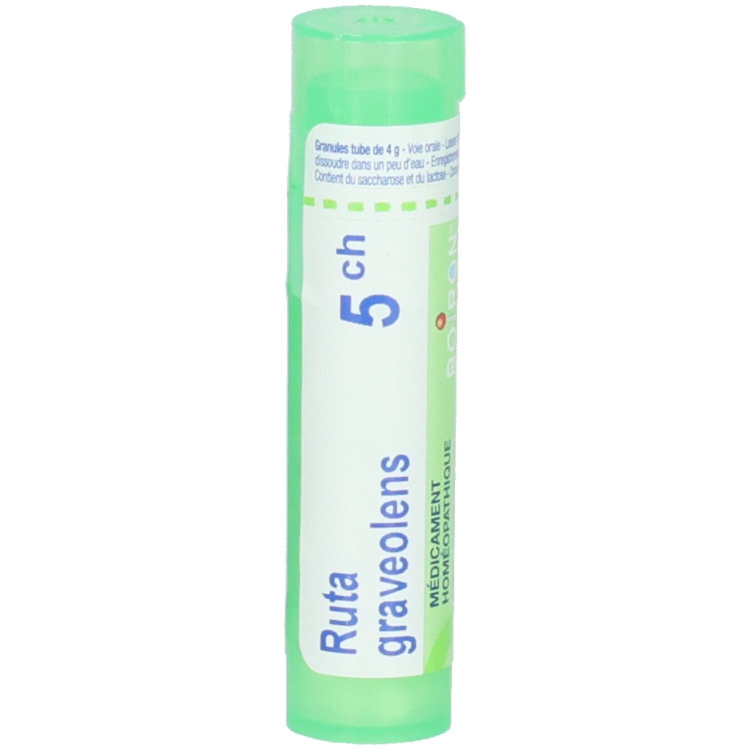 Tube vert contenant des granules de Ruta graveolens 5 ch. Étiquetage en français et allemand.