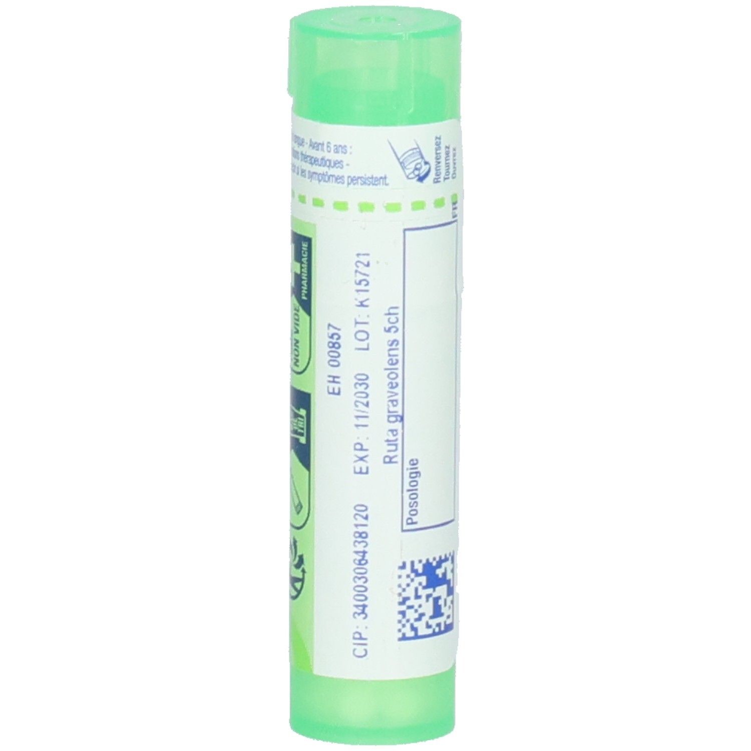 Tube vert avec Ruta graveolens 5 ch. Dos avec date d'expiration et numéro de lot. Étiquetage en français et allemand.