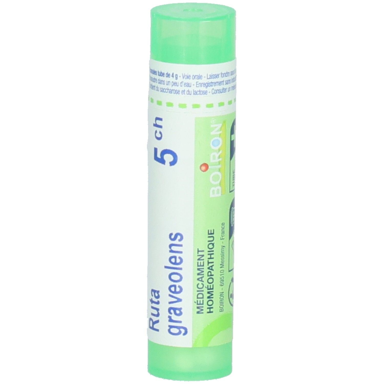 Tube vert avec Ruta graveolens 5 ch. Étiquette avec logo Boiron et "Médicament Homéopathique".