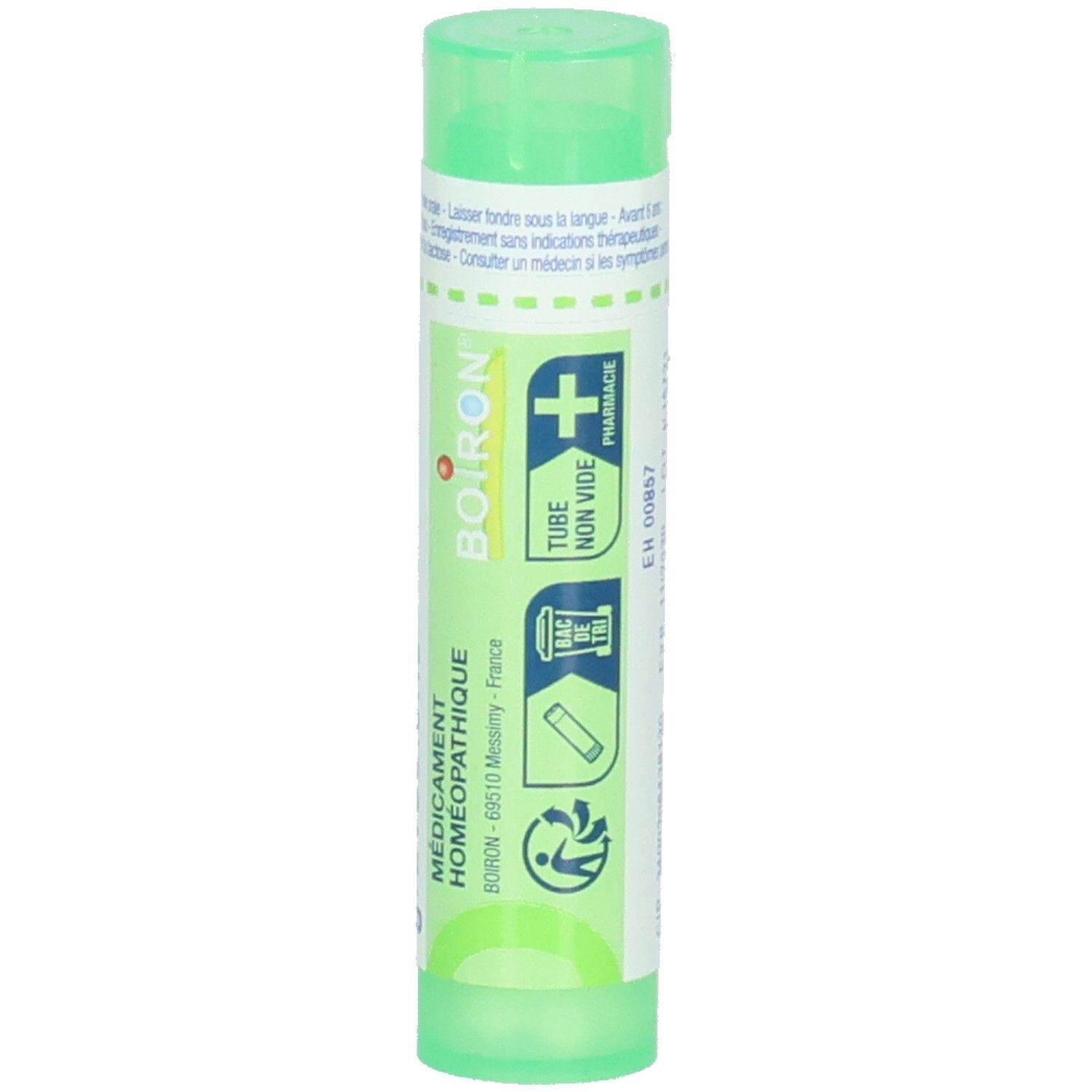 Tube vert avec Ruta graveolens 5 ch. Étiquette avec logo Boiron, "Tube Non Vide" et "Pharmacie".