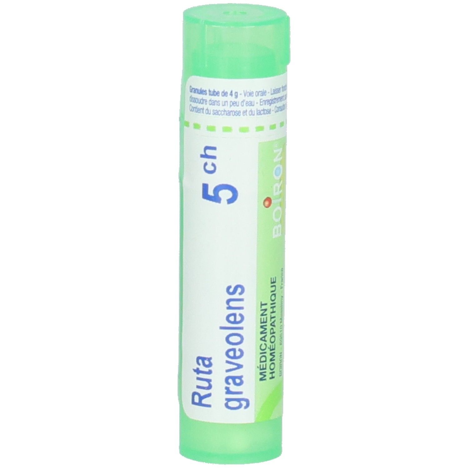 Tube vert avec Ruta graveolens 5 ch. Étiquette avec logo Boiron et "Médicament Homéopathique".