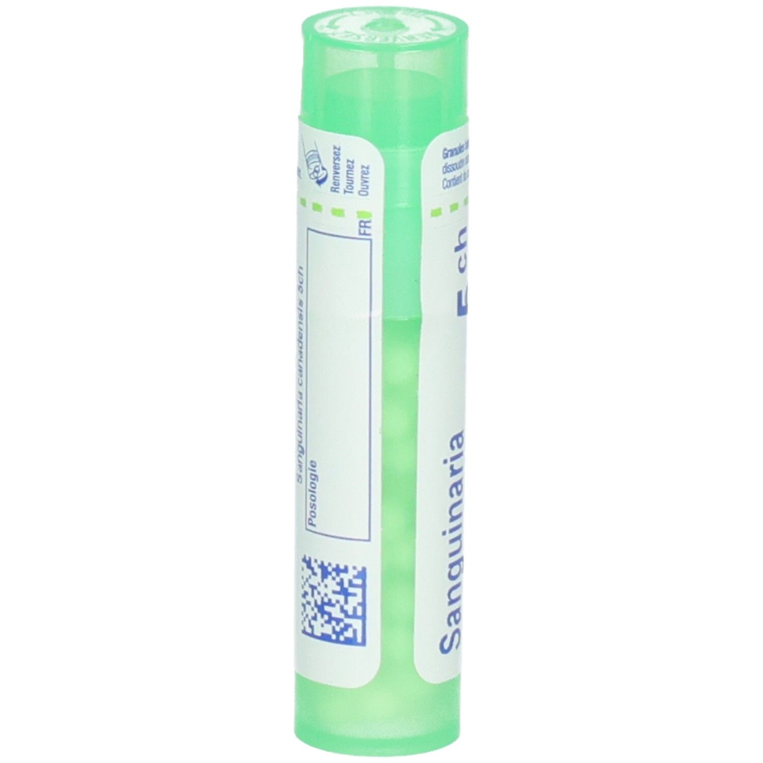 Tube vert avec granules Sanguinaria Canadensis 5 CH. Dos avec étiquette et code QR.