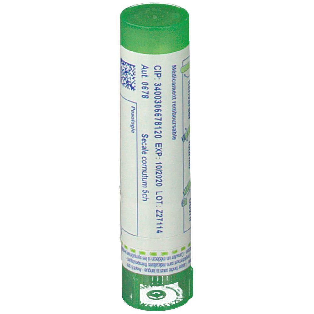 Arrière d'un tube Boiron Secale Cornutum 5 ch avec numéro de lot et date d'expiration.