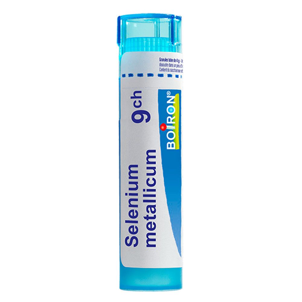 Tube de granules Boiron Selenium metallicum 9 ch avec bouchon bleu.