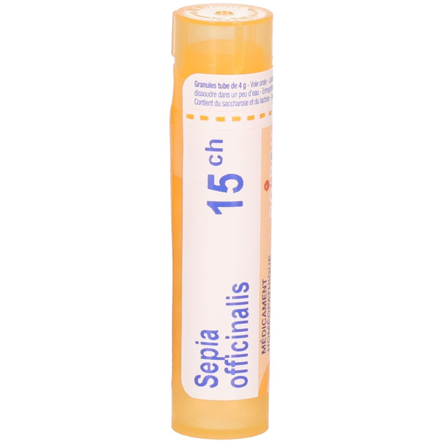 Tube de granules Boiron Sepia officinalis 15 ch, 4g. Tube jaune avec étiquette blanche.