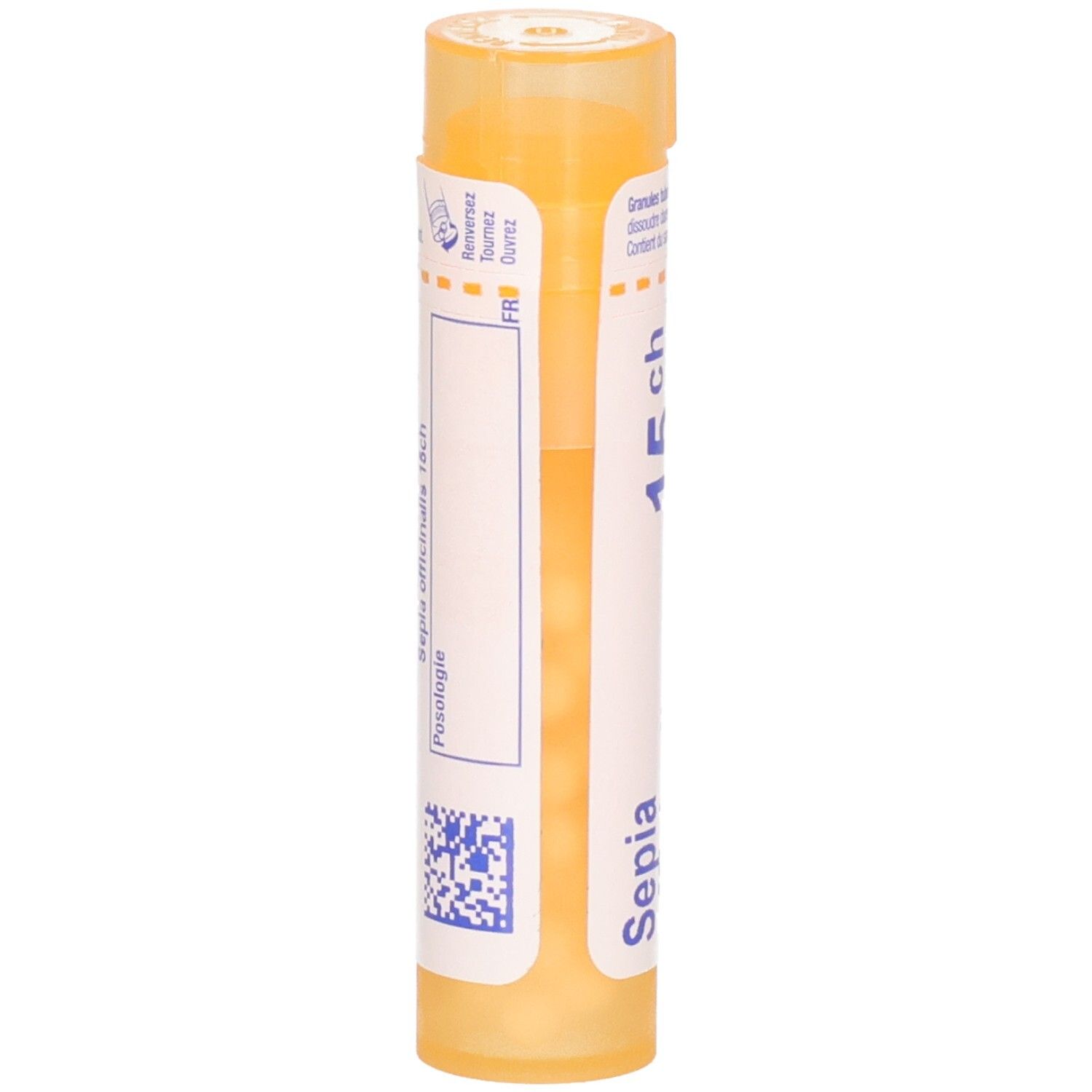 Arrière du tube de granules Boiron Sepia officinalis 15 ch. Tube jaune avec étiquette blanche et texte bleu.