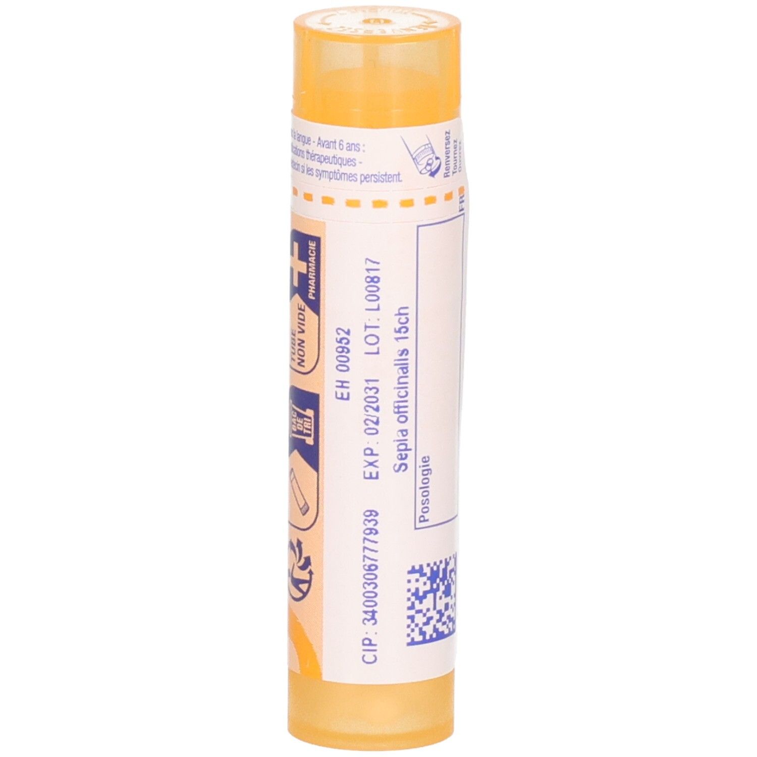 Tube de granules Boiron Sepia officinalis 15 ch. Tube jaune avec étiquette blanche, date d'expiration et numéro de lot.